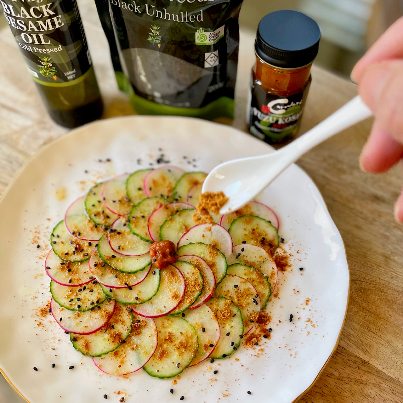 Carwari Organic Red Miso Powder 60g sprinkled on cucumber and turnip – Japanese seasoning