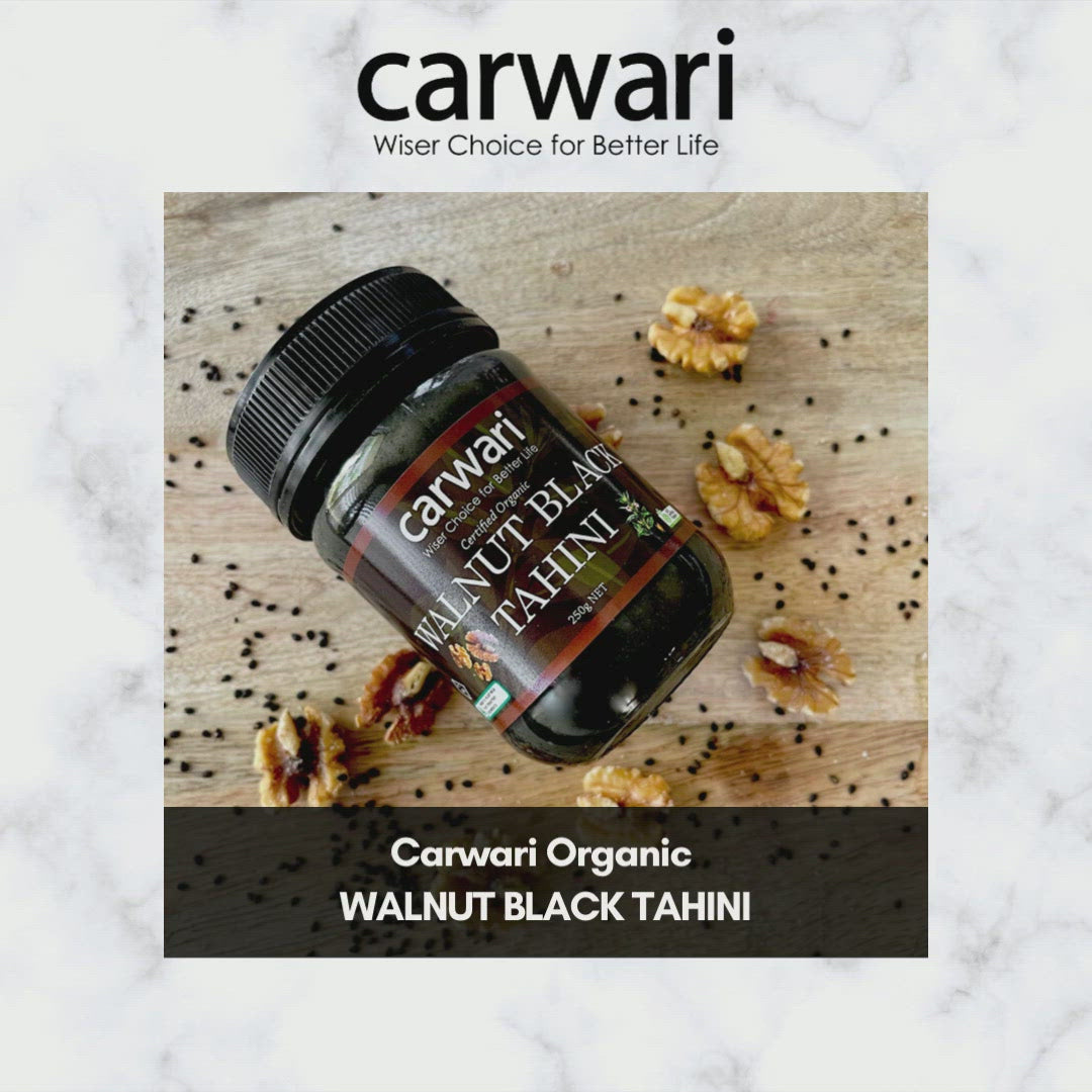 Load and play video in Gallery viewer, Carwari Organic Walnut Black Tahini 250g – Organic Black Sesame and Walnut Paste